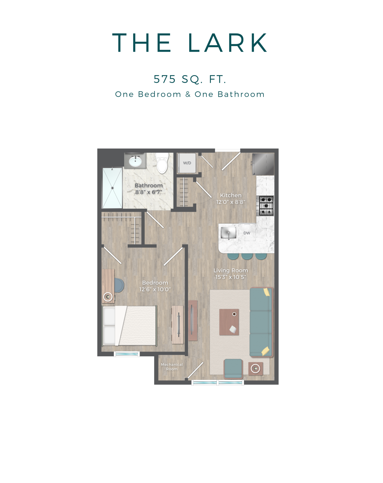 Floor plan for 1 bed, 1 bath, 575 sqft